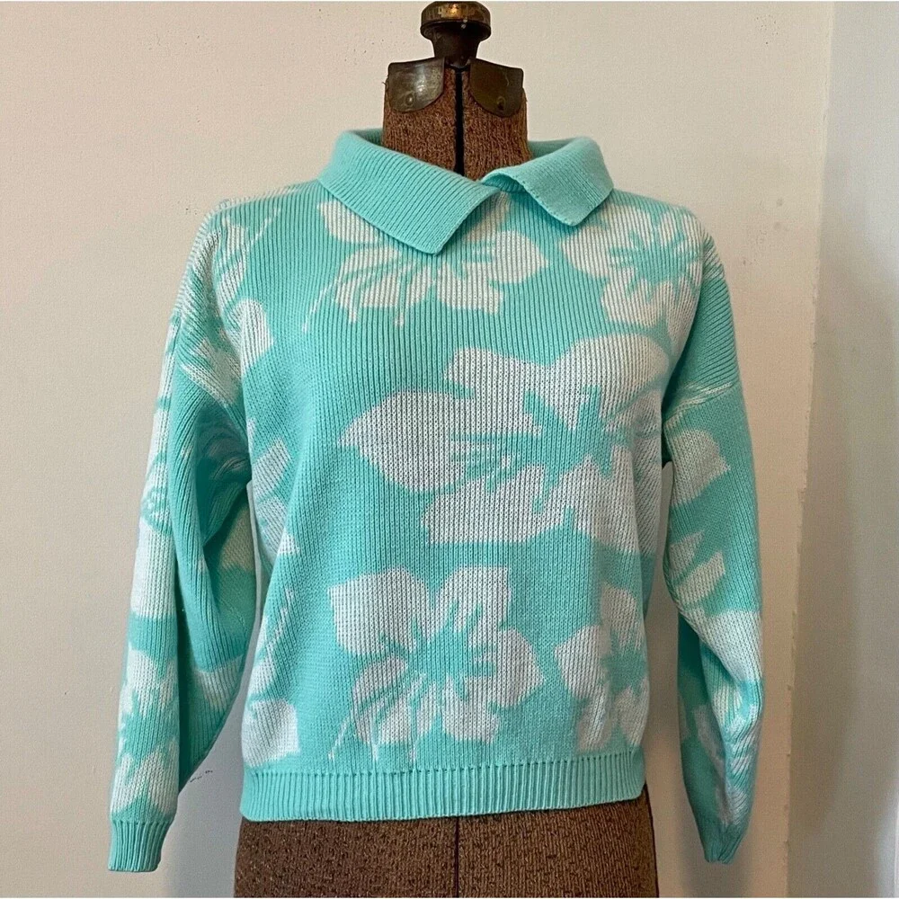 Vintage 90s Kate Collins Aqua Floral Pullover Sweater Tropical Pastel Sz Med